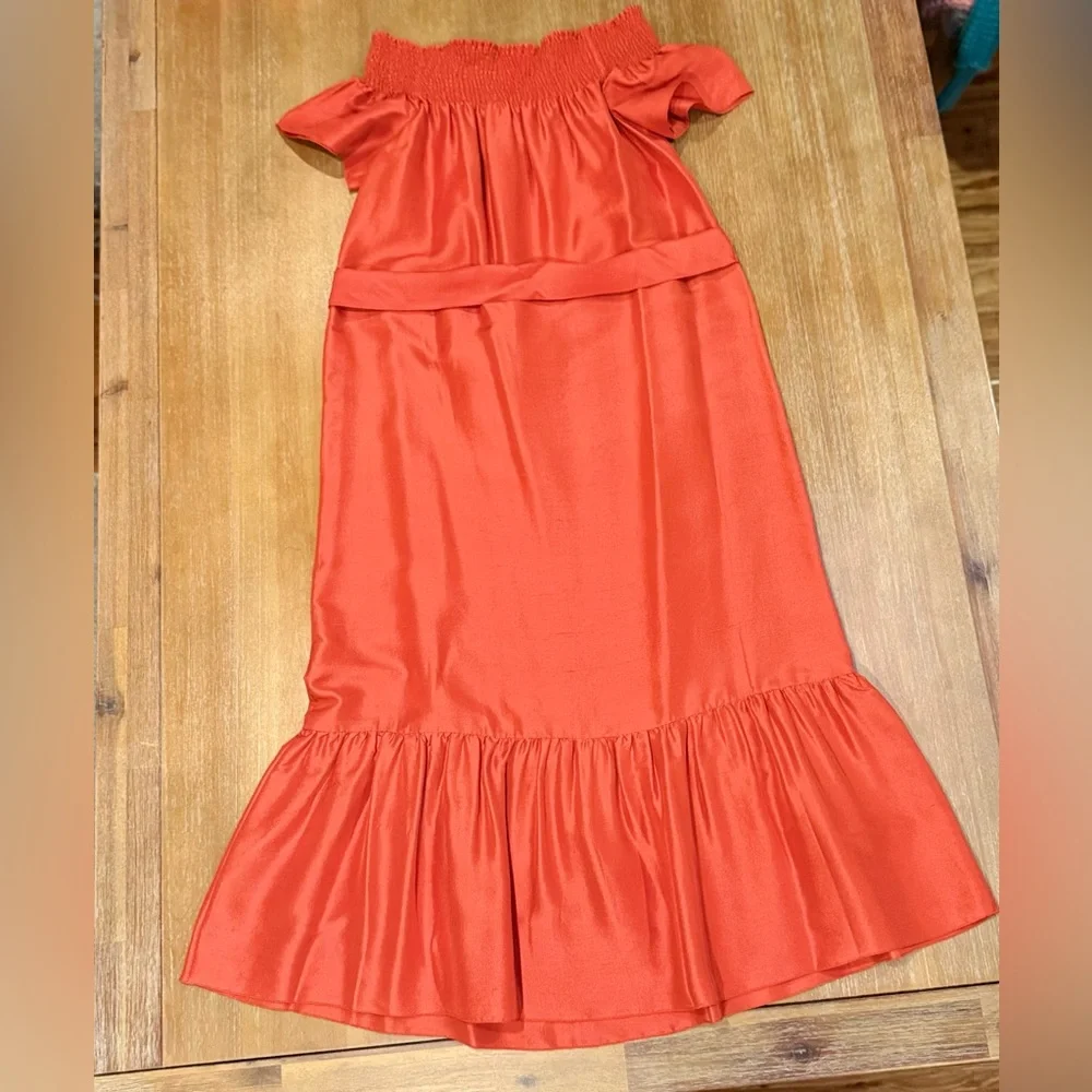 NWT Tory Burch Ramona Silk‎ Off The Shoulder Maxi Dress Red Canyon Size M